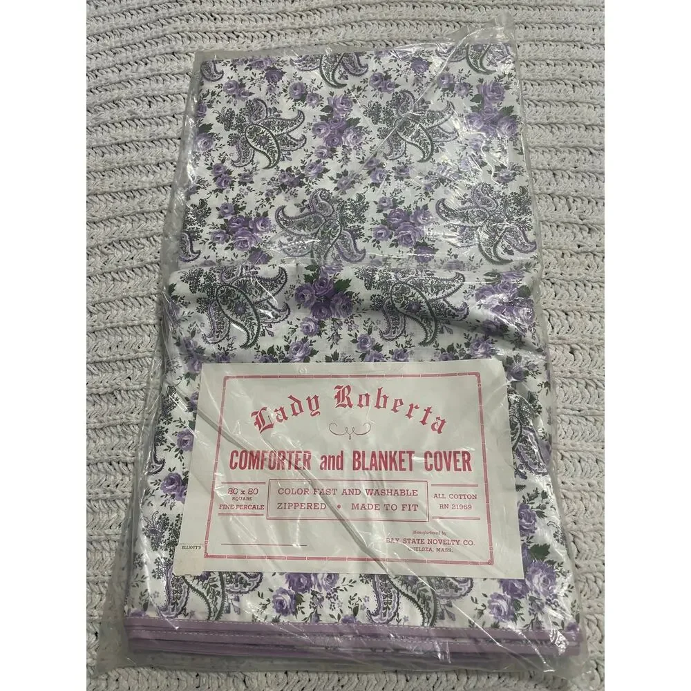 VTG NIP Lady Roberta Comforter Blanket Cover 80x80 Percale Floral Purple Cotton